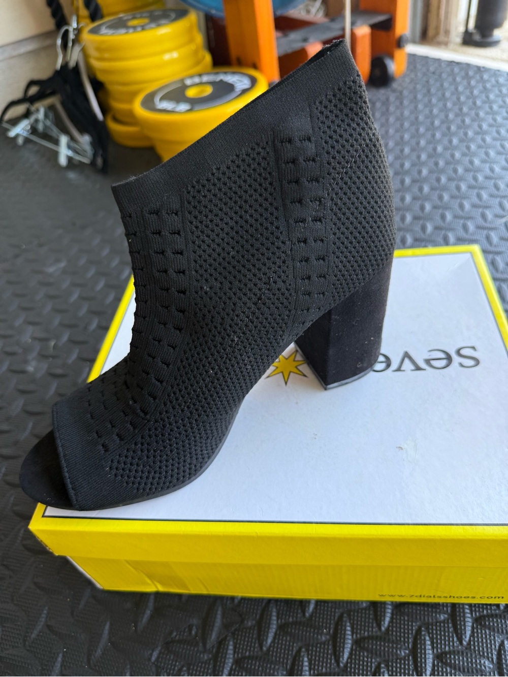 Seven Dials Black Peep-Toe Knit Block Heel Bootie - Picture 2 of 3